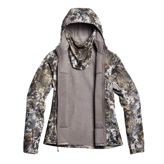 Camouflage jacket with a hood on a white background