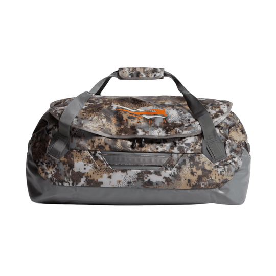 Camouflage duffel bag with gray accents on a white background