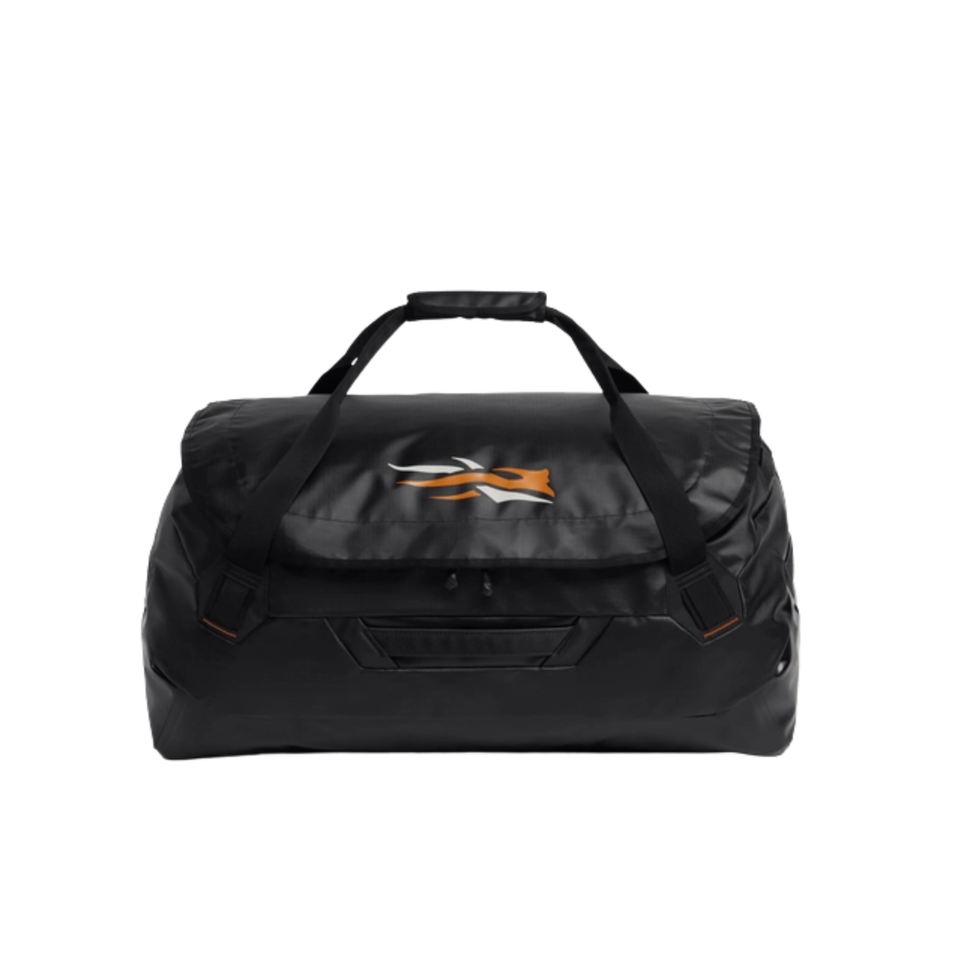 Black duffel bag with a logo on a white background