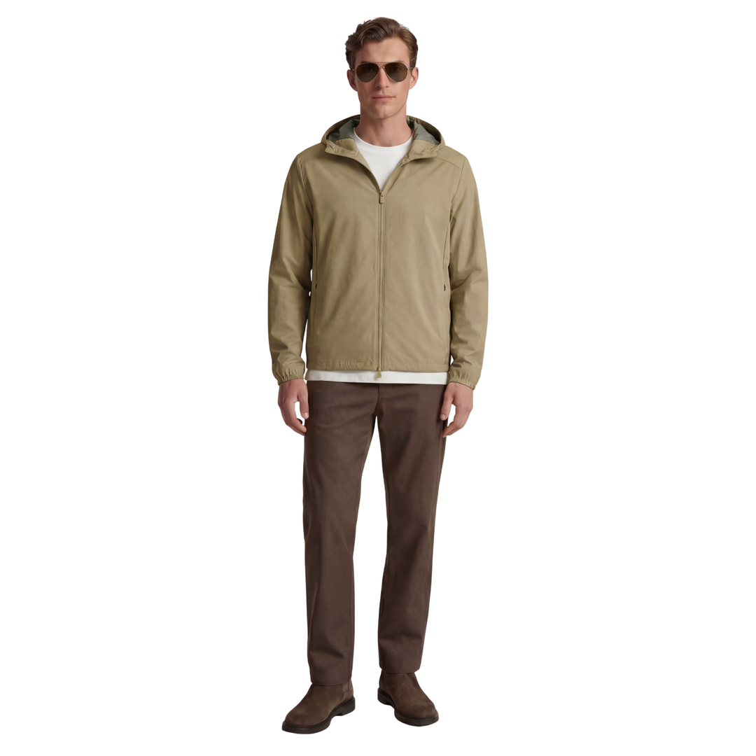 Khaki hooded zip-up jacket worn over a white shirt