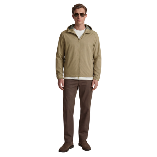 Khaki hooded zip-up jacket worn over a white shirt