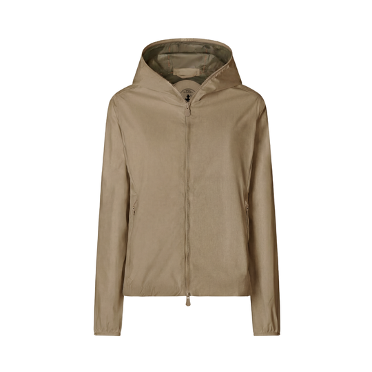 Tan hooded zip-front jacket with long sleeves and side pockets