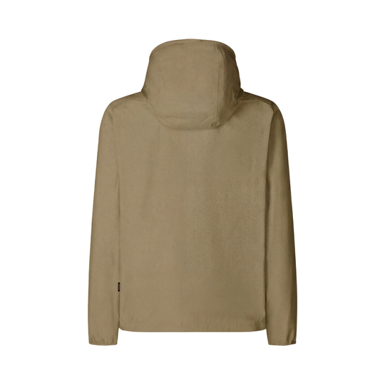 Khaki hooded jacket shown from the back with long sleeves and a straight hem