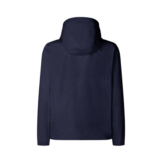 Navy blue hooded jacket on a white background