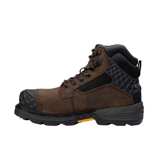 Brown and black boot with quilted pattern on a white background
