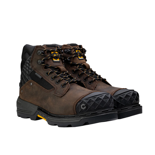 Brown hiking boot with black sole on a white background