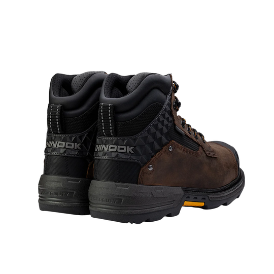 Brown and black lace-up work boots shown from the back and side with visible Chinook branding