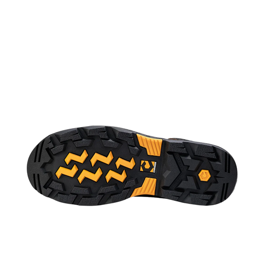 Close-up of a black and orange sole with tread pattern on a white background
