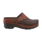 Brown leather clog shoe with a strap on a white background