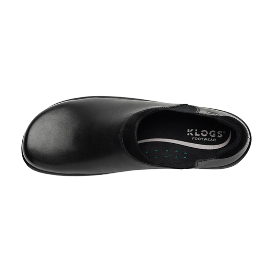 Black slip-on clog with KLOGS FOOTWEAR branding on the insole