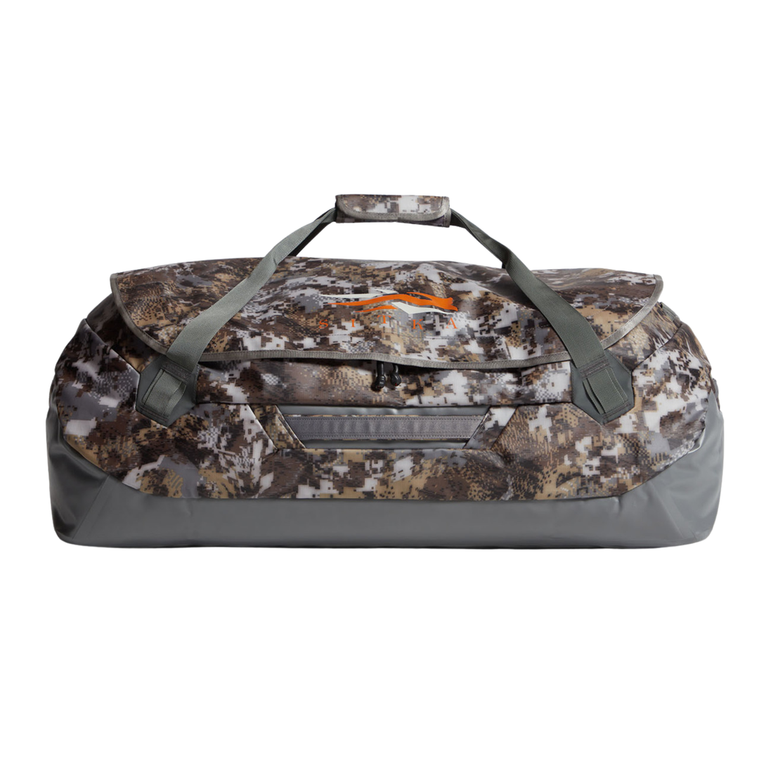 Camouflage duffel bag with gray base on a white background
