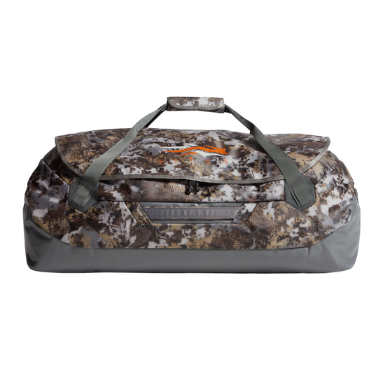 Camouflage duffel bag with gray base on a white background