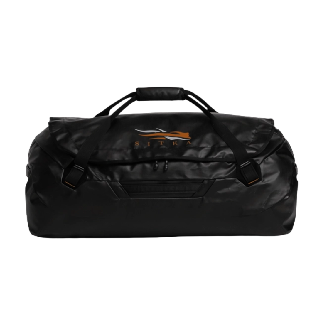 Black duffel bag with a brand logo on a white background