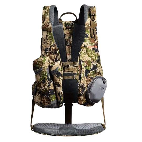Camouflage hunting backpack with a gray seat pad on a white background