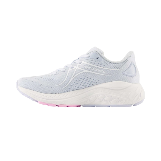 Light blue running shoe with white sole on a white background