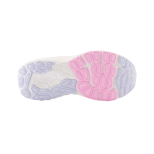 Colorful shoe sole with pink, purple, and white sections on a white background