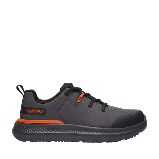 Gray athletic shoe with orange accents on a white background