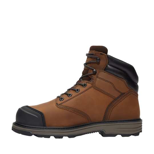 Brown leather boot with black sole on a white background