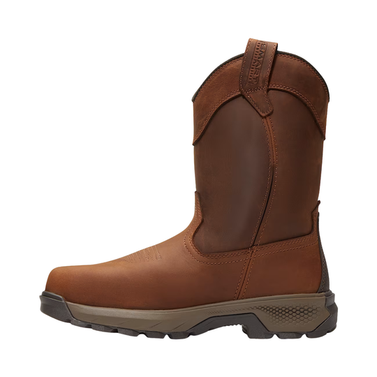 Brown leather boot with a white background