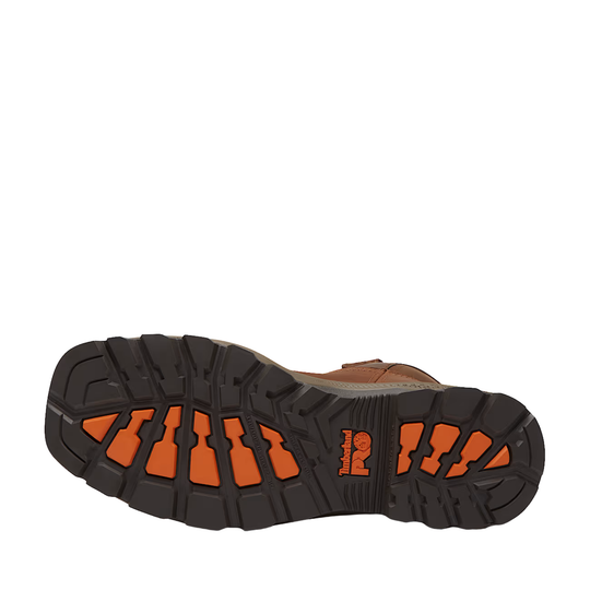 Close-up of a shoe sole with orange accents on a white background