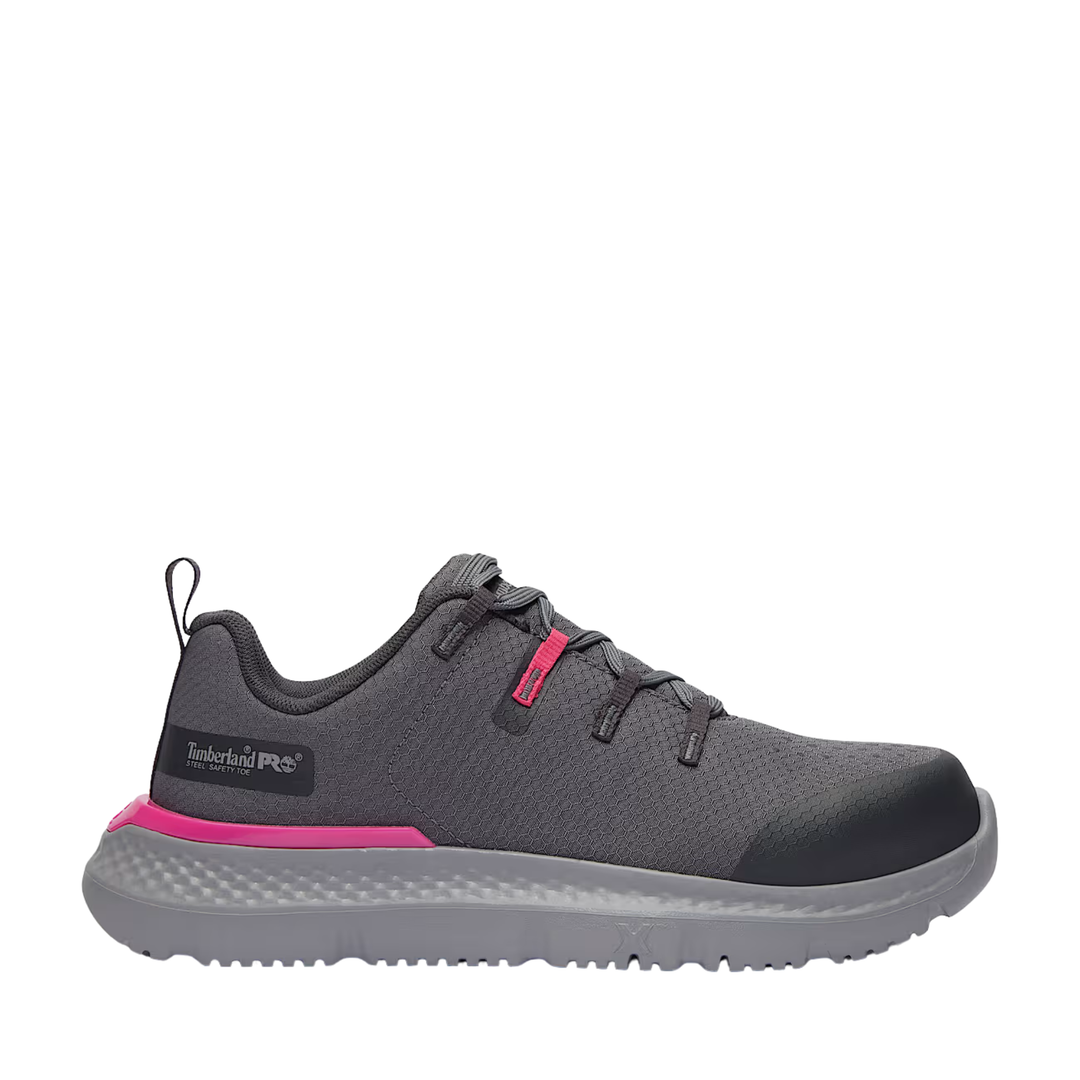 Gray and pink sneaker with a visible brand logo on a white background
