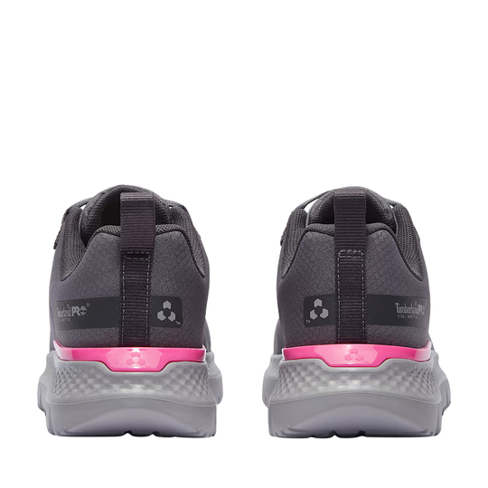 Pair of gray and pink athletic shoes on a white background