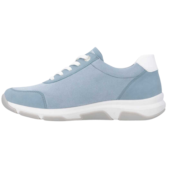 Light blue sneaker with white sole on a white background