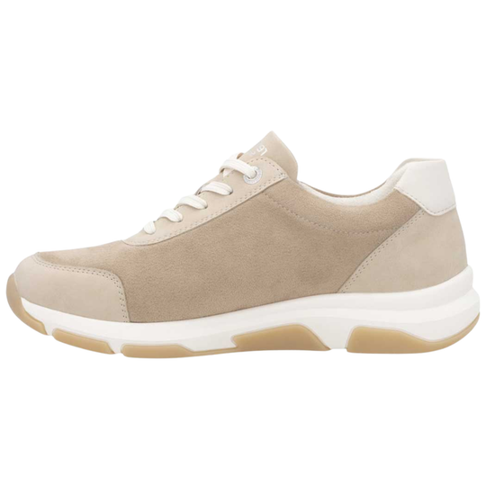 Beige sneaker with white accents on a white background