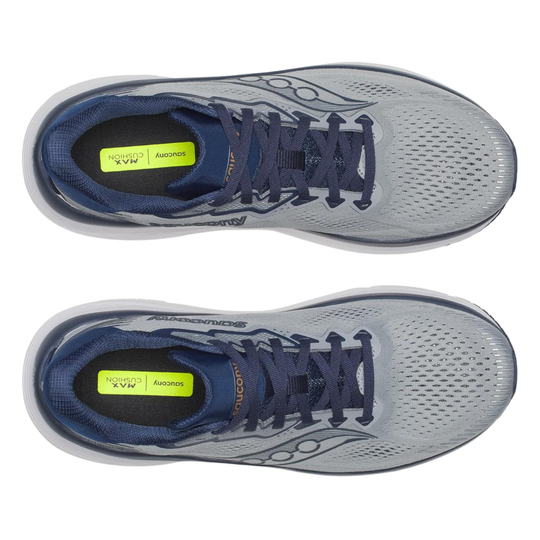 Pair of gray and blue running shoes on a white background