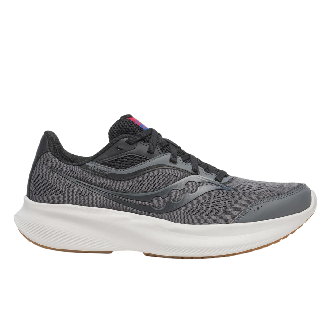 Gray running shoe with white sole on a white background