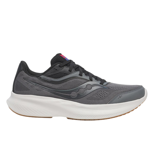 Gray running shoe with white sole on a white background
