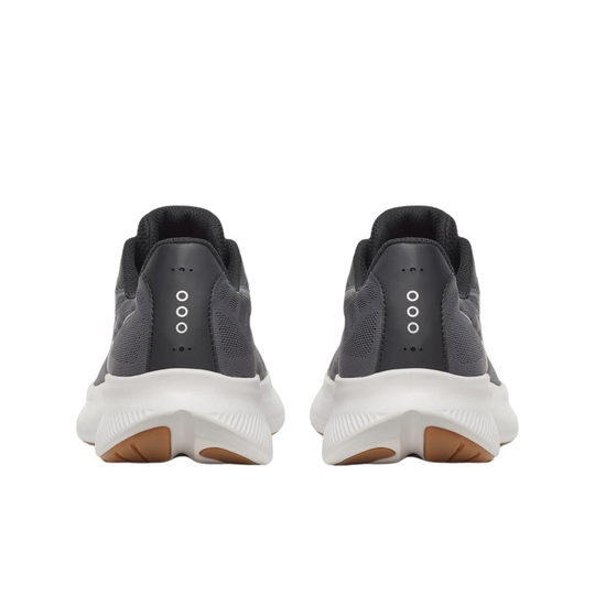 Gray running shoes with white soles on a white background