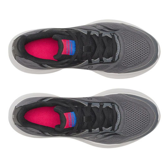 Gray running shoes with pink and blue interior on a white background