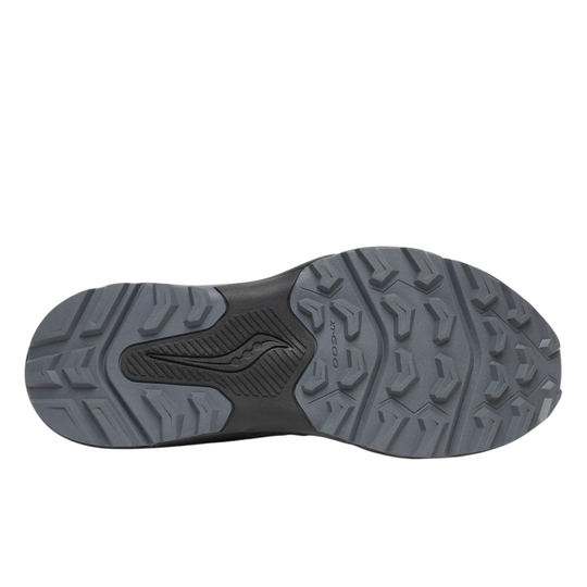 Sole of a black athletic shoe with tread pattern on a white background