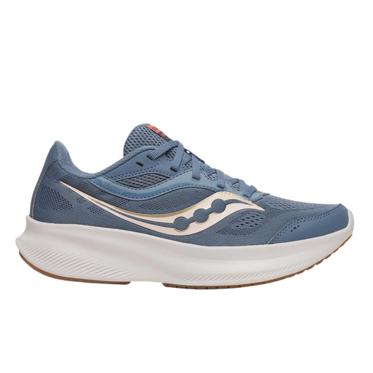 Blue running shoe with white sole on a white background
