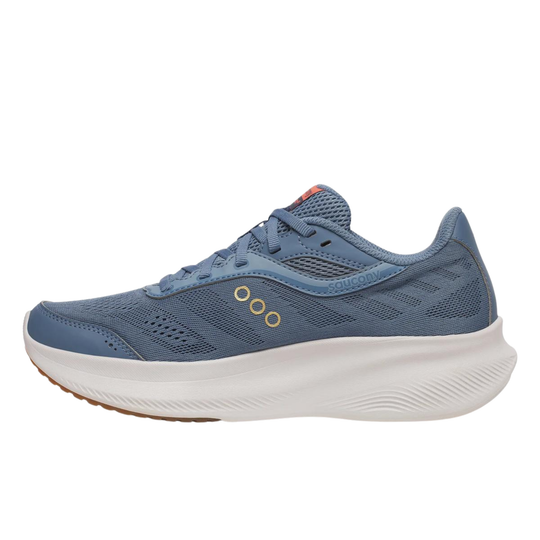 Black running shoe with orange accents on a white background