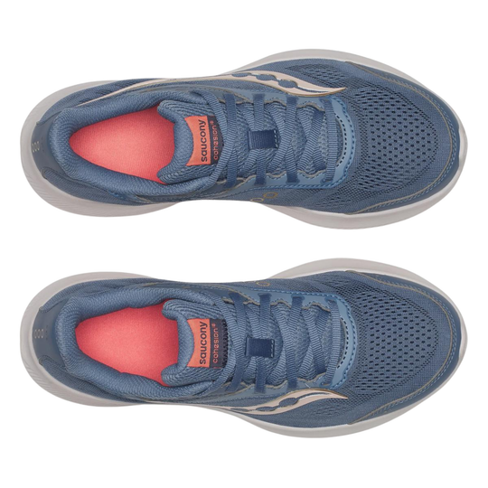 Blue running shoes with pink lining on a white background