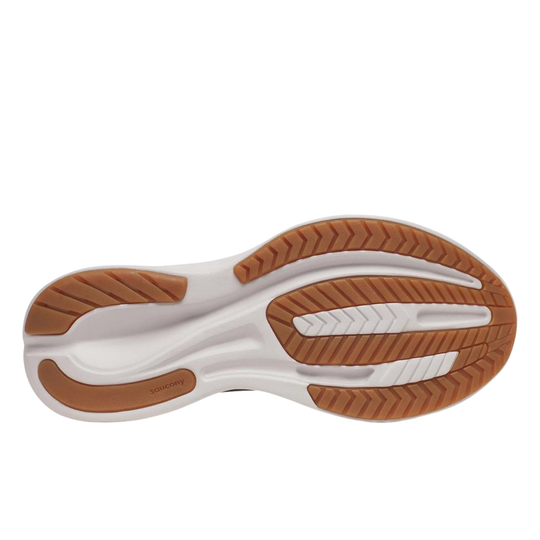 Close-up of a shoe sole with brown and white design on a white background
