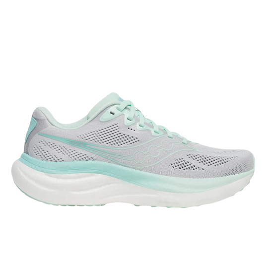 Light gray and light blue running shoe on a white background