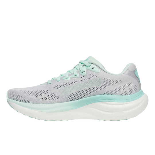 Light gray and light blue running shoe on a white background