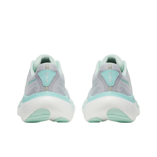 Pair of gray and turquoise running shoes on a white background