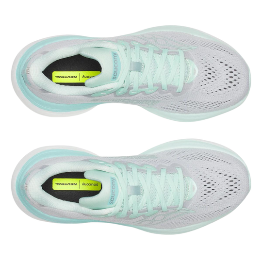 Pair of light blue running shoes with visible brand logo on a white background