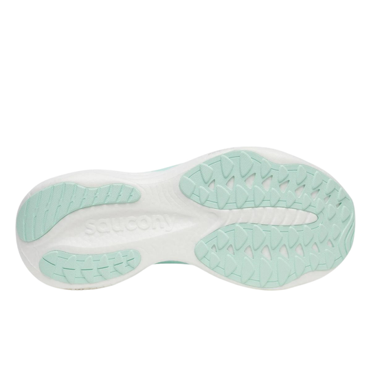 Close-up of a shoe sole with green and white color scheme on a white background