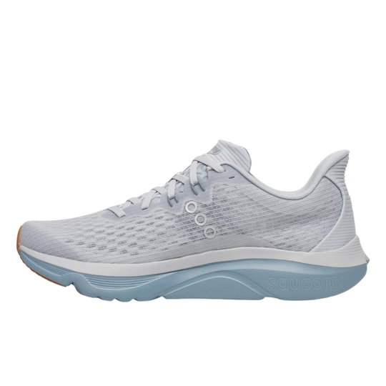grey running shoe with blue sole on a white background
