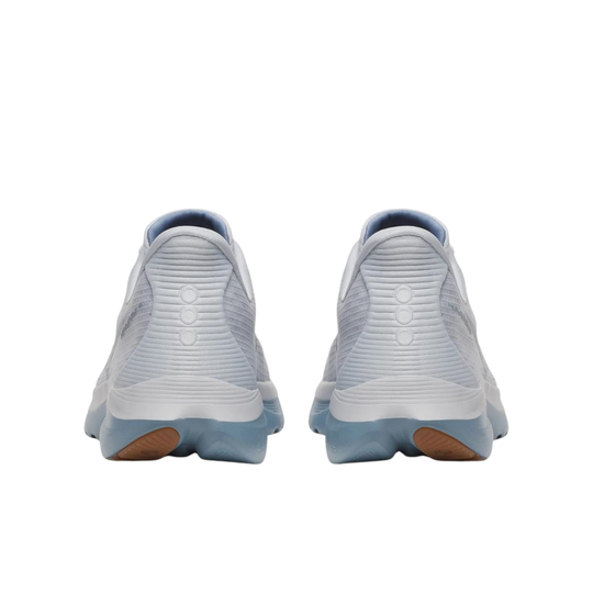 grey  athletic shoes with blue soles on a white background