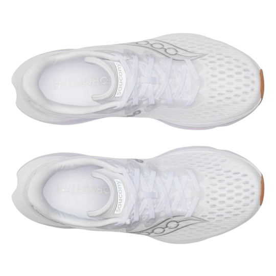White running shoes with brand logo on a white background