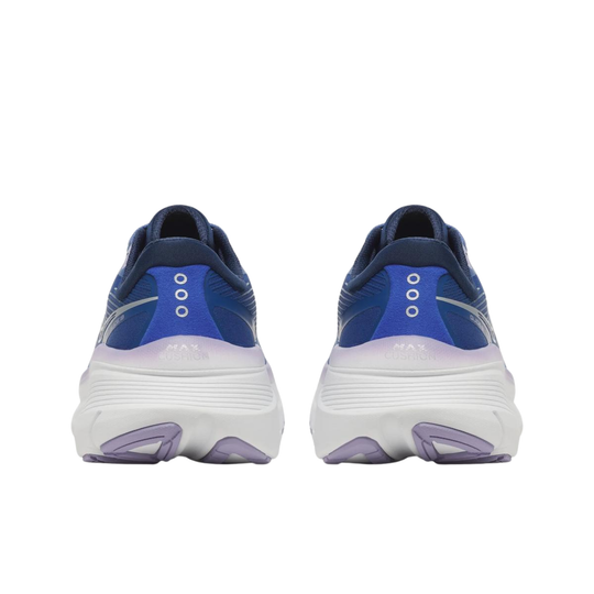 Pair of blue and white athletic shoes on a white background