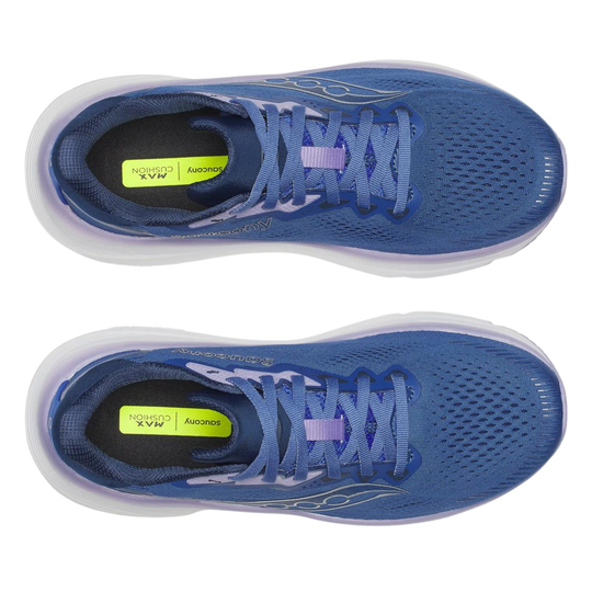 Blue running shoes with white sole on a white background