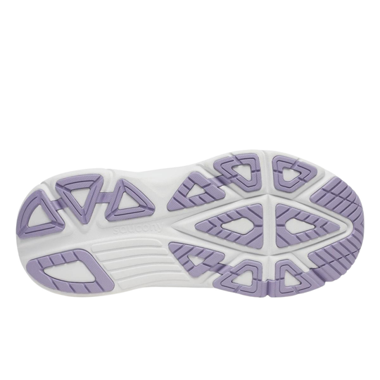 Close-up of a shoe sole with purple patterns on a white background
