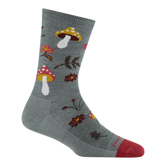 seafoam sock with mushroom, flowers, and leave design 